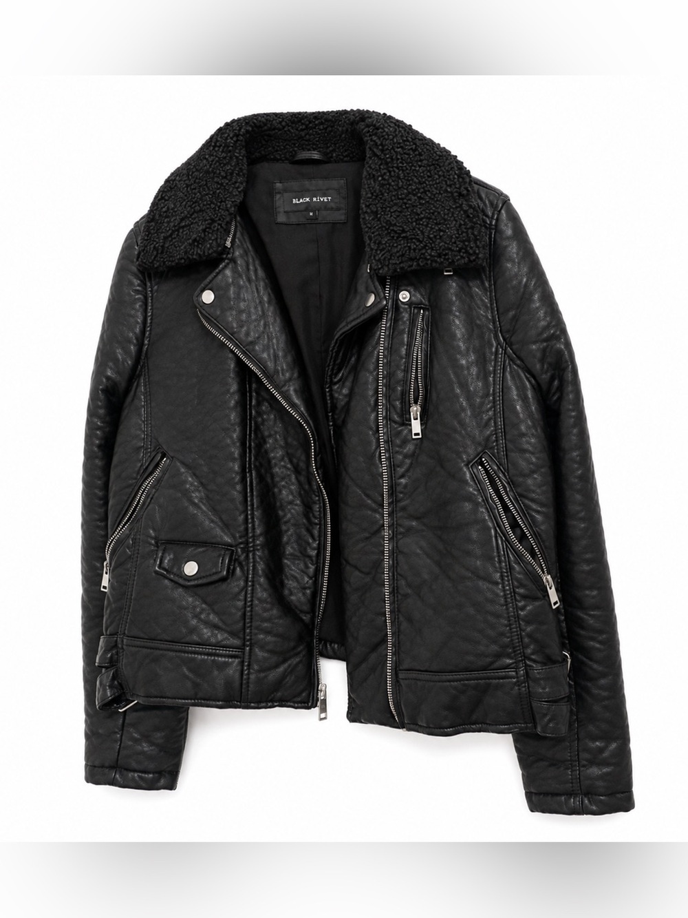 Black Rivet Black Bomber Jacket with Shearling Collar